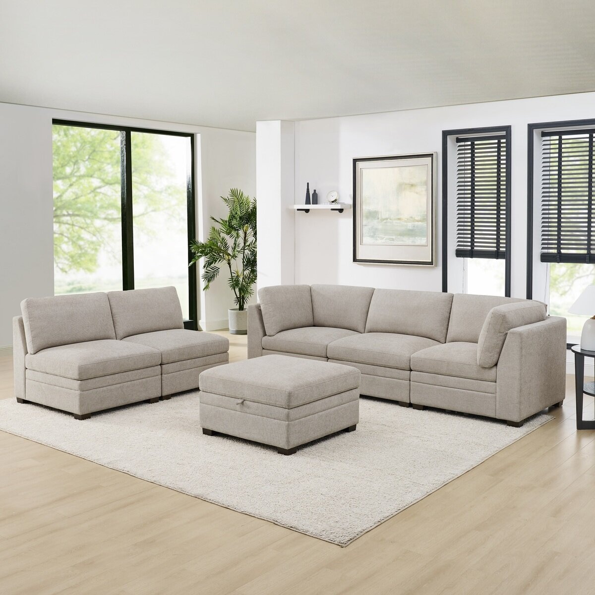 Thomasville 布製モジュラーソファ6ピース ベージュ 収納オットマン付 Thomasville 布製モジュラーソファ6ピース ベージュ 収納オットマン付