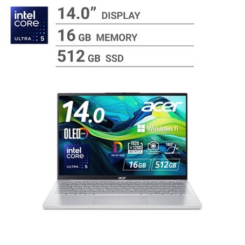 ACER ノートPC/Swift Lite/14.0インチ/OLED/Core Ultra5 115U/メモリ 16GB/SSD 512GB/ライトシルバー/SFL14-54M-A56Y ACER ノートPC/Swift Lite/14.0インチ/OLED/Core Ultra5 115U/メモリ 16GB/SSD 512GB/ライトシルバー/SFL14-54M-A56Y