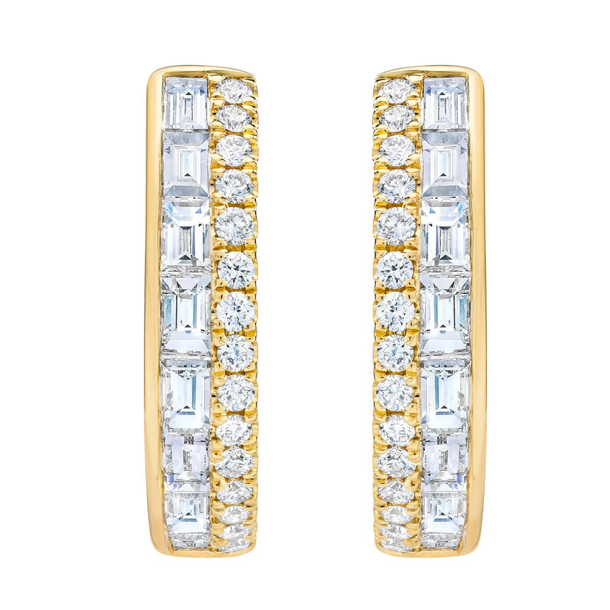 14K イエローゴールド 0.80カラット ラウンド & バゲット ダイヤモンド フープ イヤリング 14K イエローゴールド 0.80カラット ラウンド & バゲット ダイヤモンド フープ イヤリング