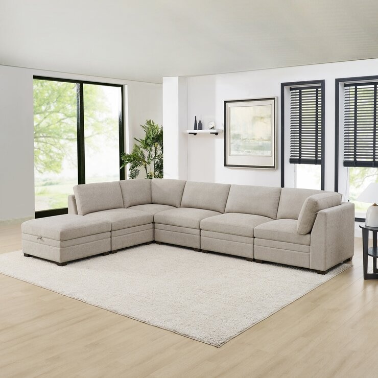 Thomasville 布製モジュラーソファ6ピース ベージュ 収納オットマン付 Thomasville 布製モジュラーソファ6ピース ベージュ 収納オットマン付