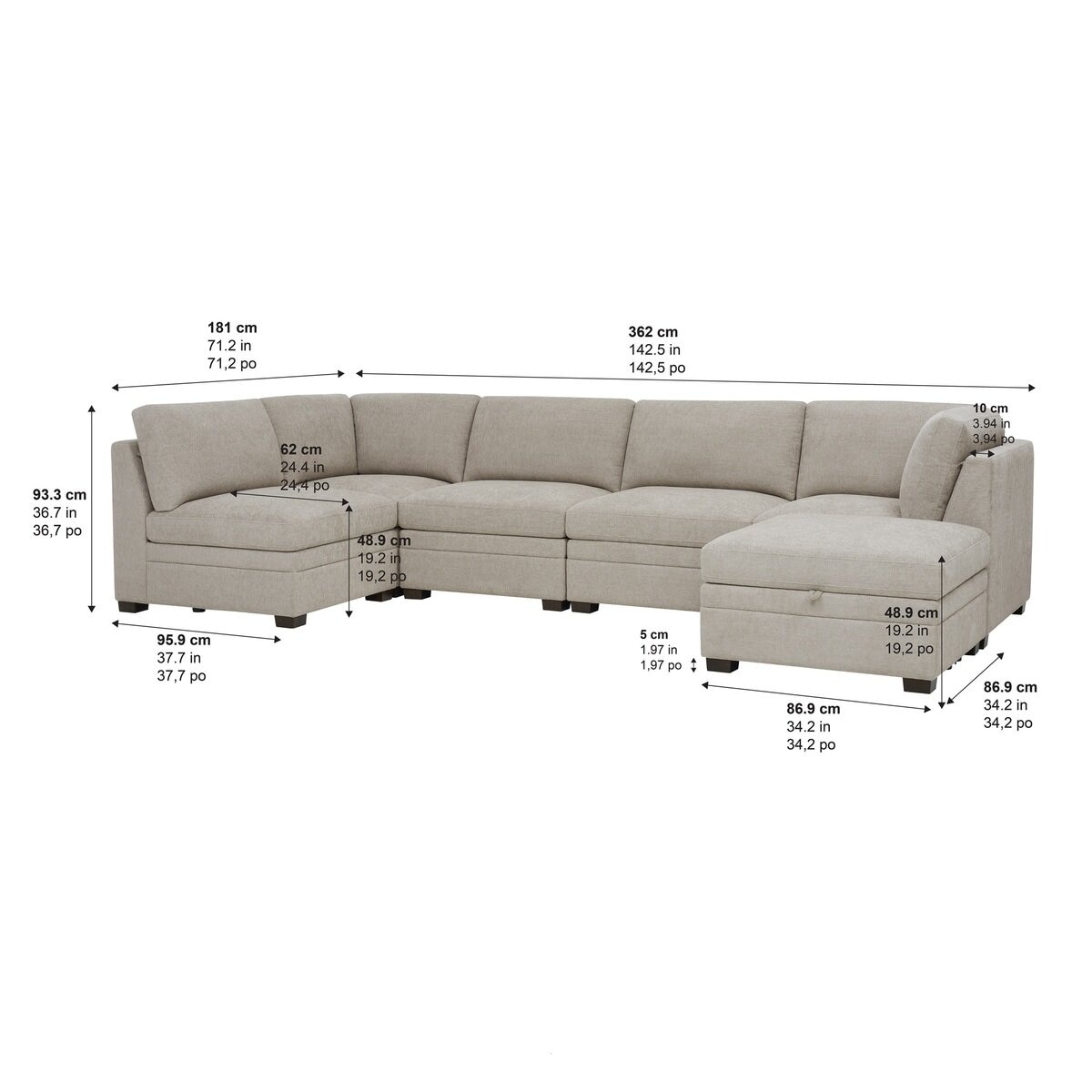 Thomasville 布製モジュラーソファ6ピース ベージュ 収納オットマン付 Thomasville 布製モジュラーソファ6ピース ベージュ 収納オットマン付