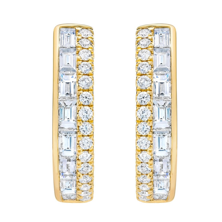 14K イエローゴールド 0.80カラット ラウンド & バゲット ダイヤモンド フープ イヤリング 14K イエローゴールド 0.80カラット ラウンド & バゲット ダイヤモンド フープ イヤリング