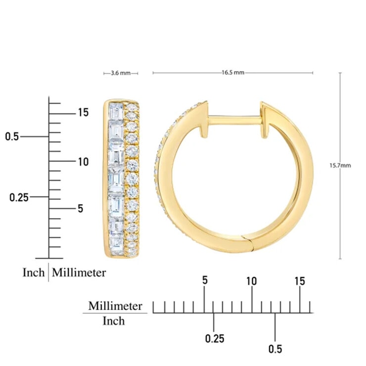14K イエローゴールド 0.80カラット ラウンド & バゲット ダイヤモンド フープ イヤリング 14K イエローゴールド 0.80カラット ラウンド & バゲット ダイヤモンド フープ イヤリング