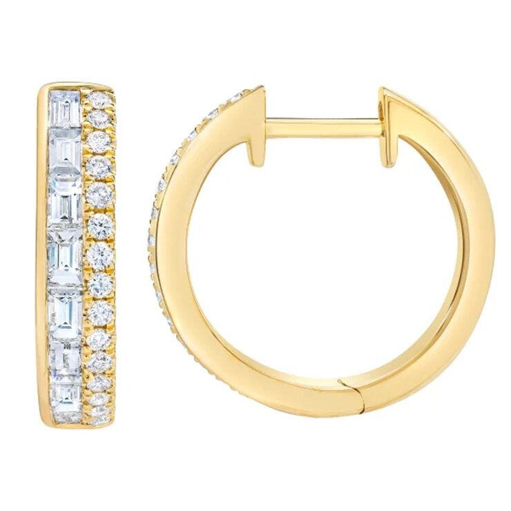 14K イエローゴールド 0.80カラット ラウンド & バゲット ダイヤモンド フープ イヤリング 14K イエローゴールド 0.80カラット ラウンド & バゲット ダイヤモンド フープ イヤリング