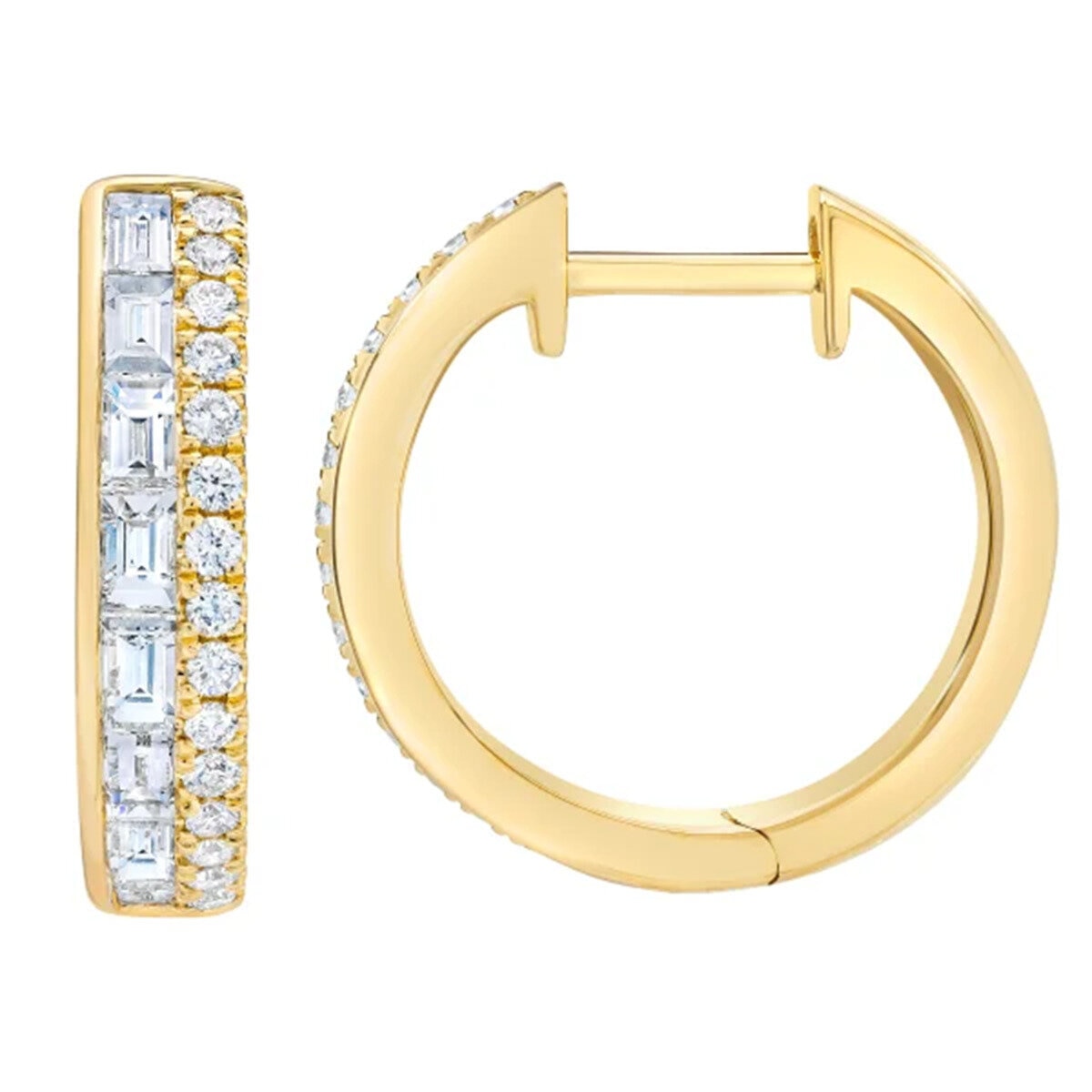 14K イエローゴールド 0.80カラット ラウンド & バゲット ダイヤモンド フープ イヤリング 14K イエローゴールド 0.80カラット ラウンド & バゲット ダイヤモンド フープ イヤリング