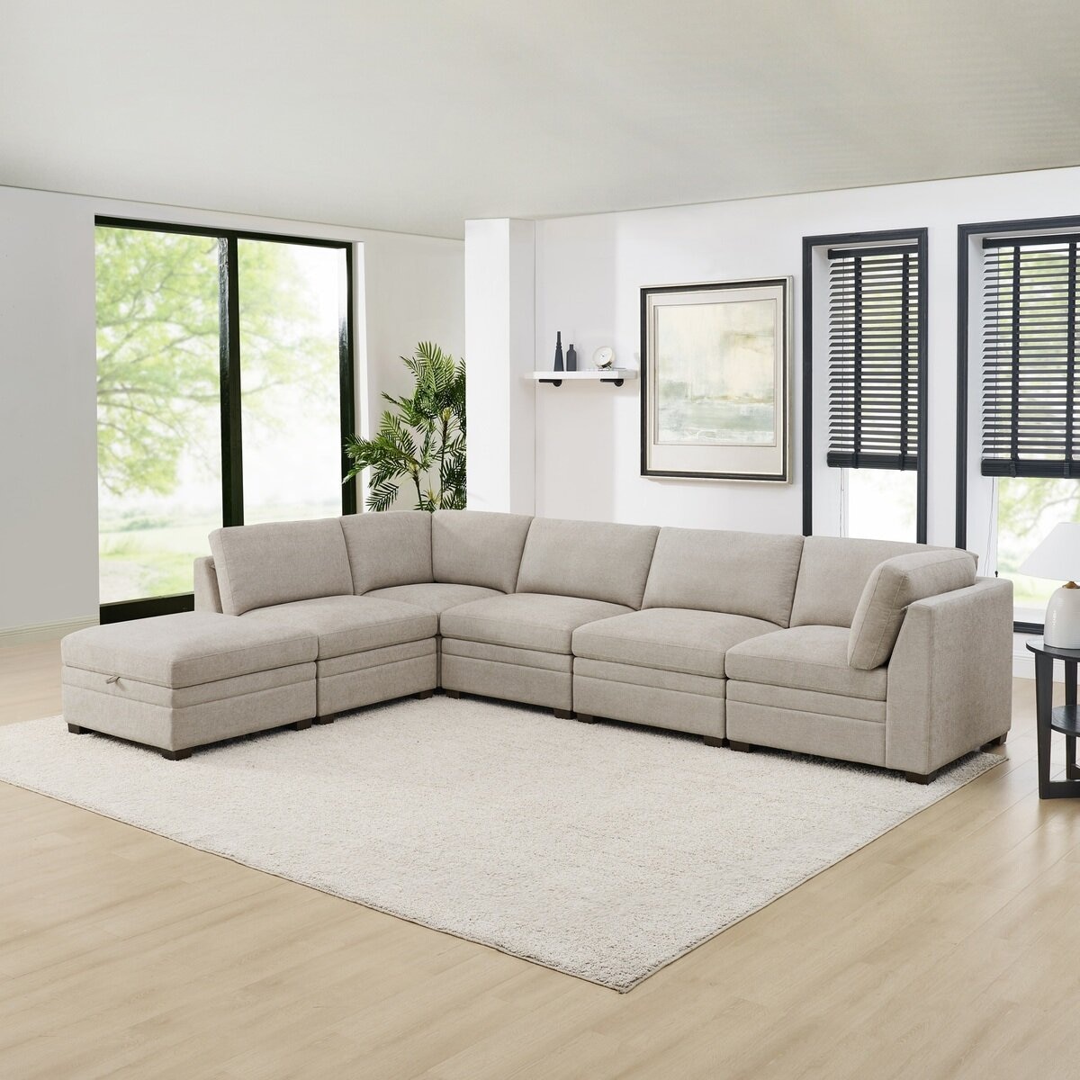 Thomasville 布製モジュラーソファ6ピース ベージュ 収納オットマン付 Thomasville 布製モジュラーソファ6ピース ベージュ 収納オットマン付
