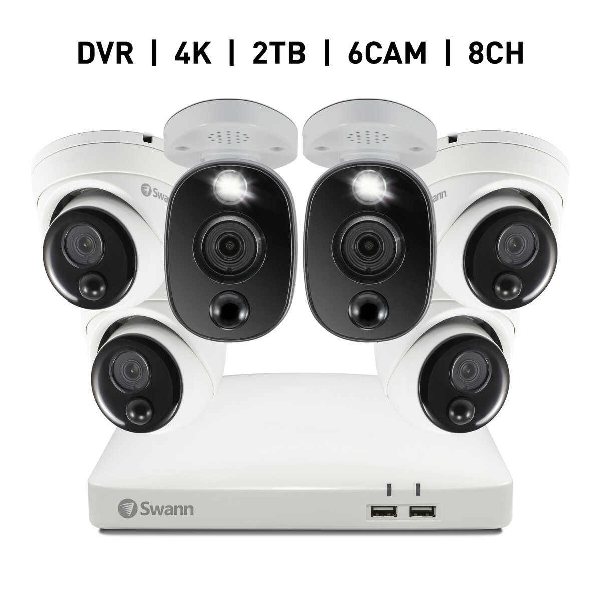 Swann 8CH 4K DVRシステム 2TB 警告ライト バレット型 カメラ2台ドーム型 カメラ4台 計6台セット