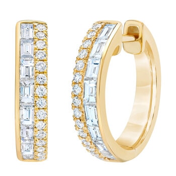 14K イエローゴールド 0.80カラット ラウンド & バゲット ダイヤモンド フープ イヤリング 14K イエローゴールド 0.80カラット ラウンド & バゲット ダイヤモンド フープ イヤリング