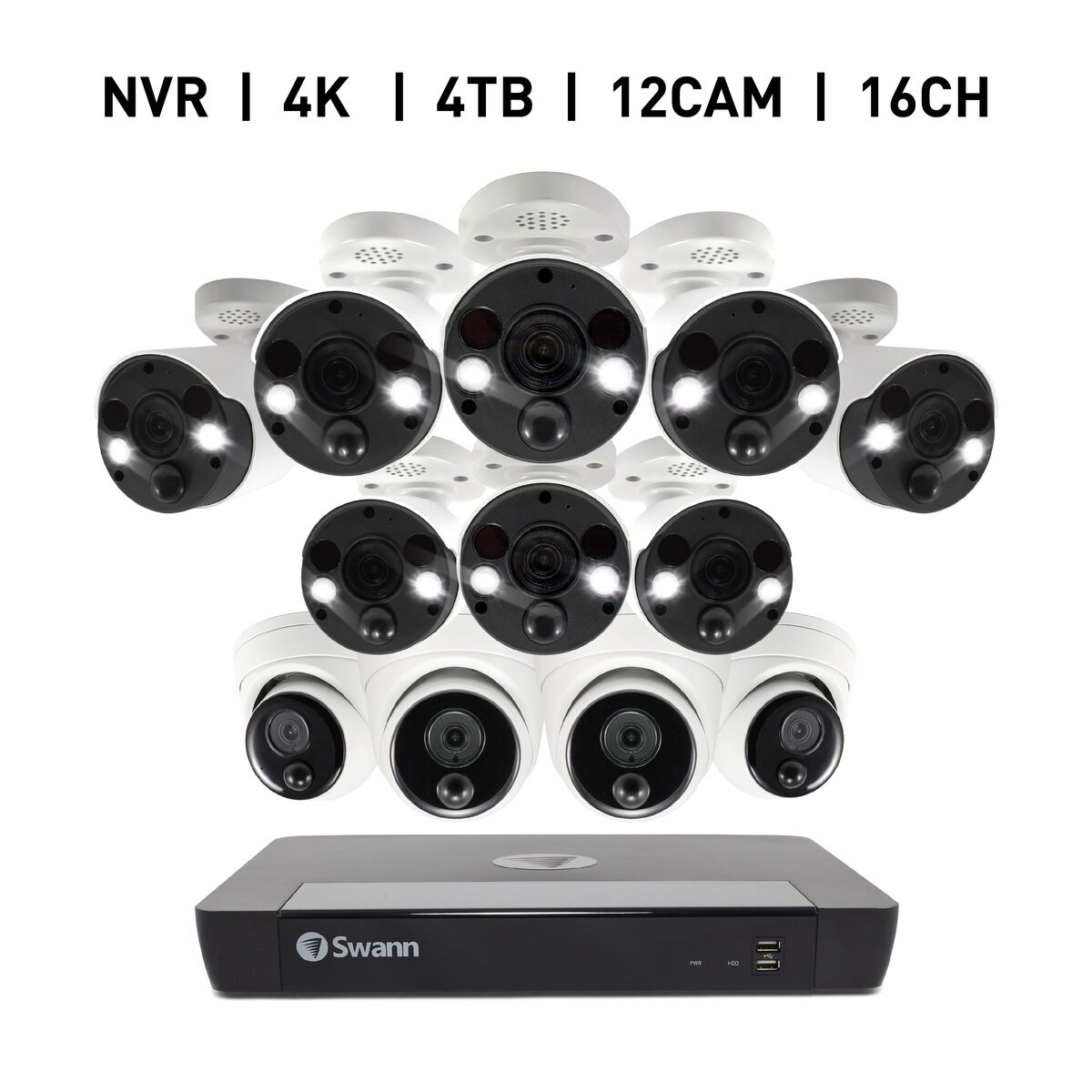 Swann（スワン）16CH 4K NVRシステム 4TB 4K バレットカメラ8台＆ドームカメラ4台  計12台セット