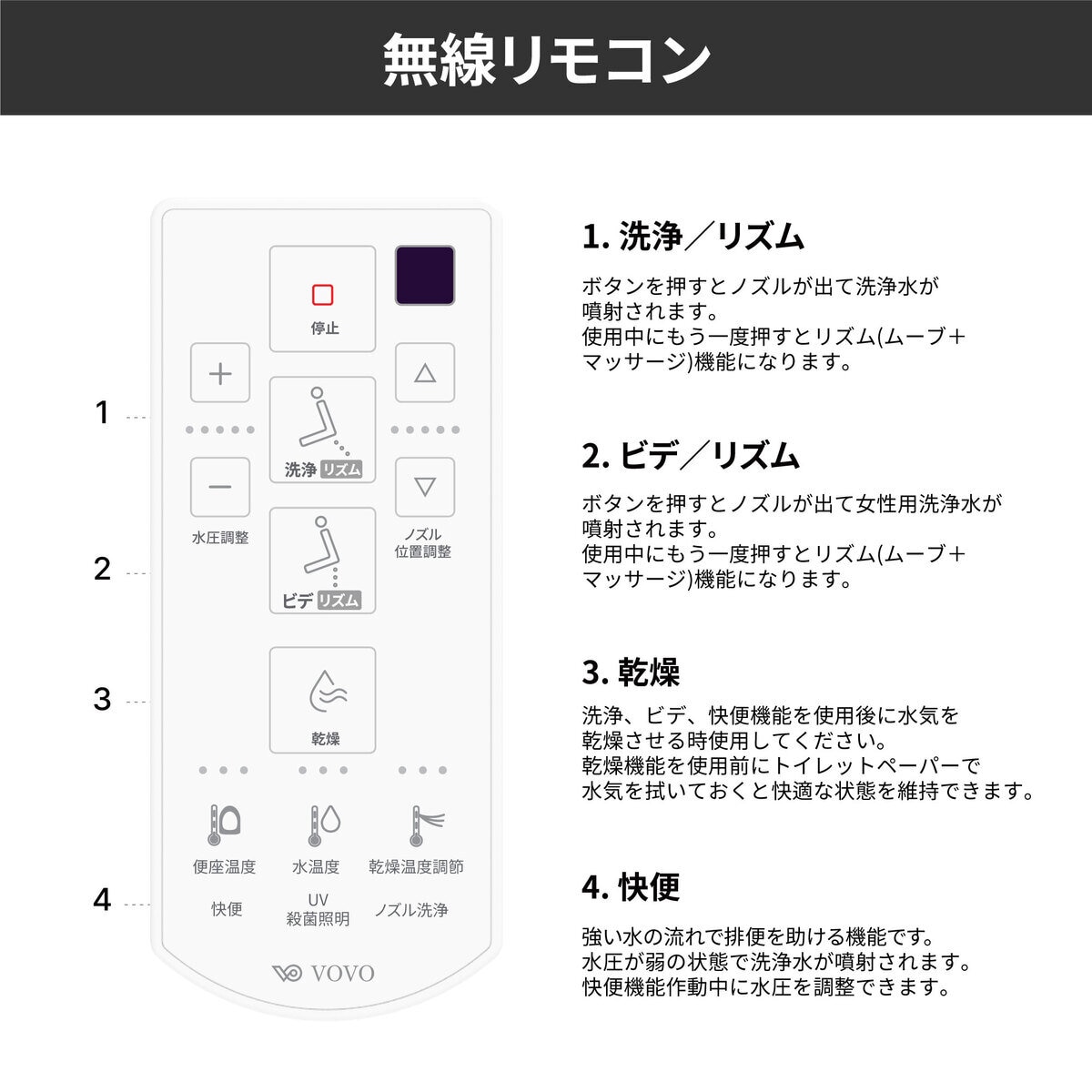 VOVO STYLEMENT 温水洗浄便座 シャワートイレ UV LED照明 リモコン付き (VB-6000SE)